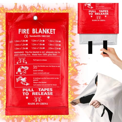 TOATELU Couverture anti-feu de qualité supérieure 1,5 m x 1,5 m : couverture anti-feu pour cuisine, couverture anti-incendie en fibres de verre, kit de survie d'urgence pour cuisine, cheminée,