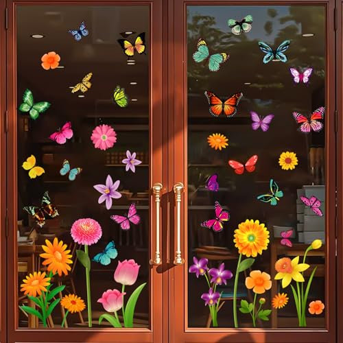 Zindoo 9 Sheet Spring Summer Garden Flower Window Clings, 81Pcs Double Sided Butterfly Wildflower Sunflower Floral Window Decals, Anti-Collision Glass Window Doors Window Stickers