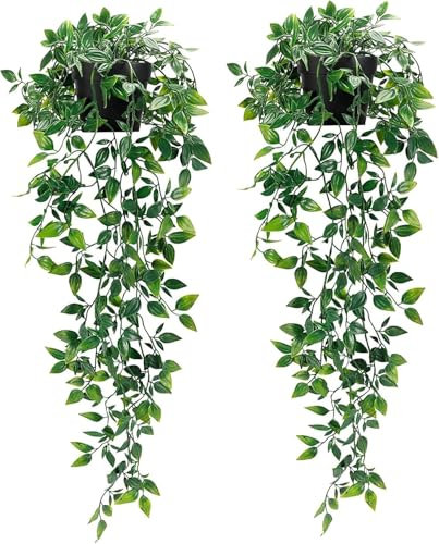 GJFWQC Plantas colgantes artificiales, 2 paquetes de plantas colgantes falsas con macetas, macetas pequeñas, plantas artificiales, plantas colgantes de interior para el hogar, decoración artificial