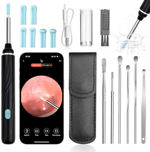 Cozary Otoscopio 1080P HD Camara Limpiador de Oidos con WiFi,Endoscopio para Oidos con 6 luces LED Impermeable Kit Endoscopio de Oído para iPhone, iPad y Android