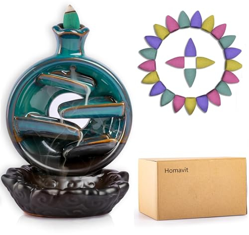 Homavit Porta incenso a cascata, Fontana incenso cascata, Backflow incense burner in ceramica,con 100 Coni d'Incenso + 30 Bastoncini, Ruciatore di incenso a flusso inverso (Blu)