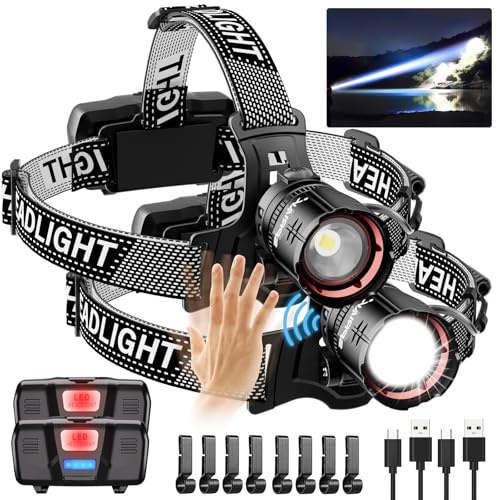 AdamStar Head Torch Rechargeable, 2 Pack Professional Headlamp, 120000LM Super Bright LED Headlight with Red Warning Light 5 Modes, 90° Adjustable Motion Sensor, Zoomable for Camping, Hiking Fishing