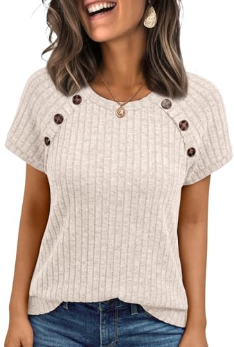AUTOMET Women's Short Sleeve Shirts Business Casual Blouses Dressy Work Tunic Tops 2026 Spring Sweaters Fashion Clothes Apricot M