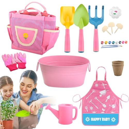 Set di Attrezzi da Giardino per Bambini,Grembiule, Guanti e Annaffiatoio,Guanti Pala Rastrello Kit Gioco Giardinaggio | per Ragazzi Ragazze Bambini Regalo Compleanno Giardino Prato