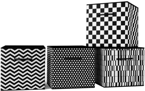 Collapsible Fabric Storage Cubes, Pack of 4 Foldable Boxes with Handles | Multi Print Black White Cube Set 27 x 27 x 27 cm | Non-Woven Fabric | Open-Top Cube Shelf Baskets For Wardrobes, Toys,Clothes