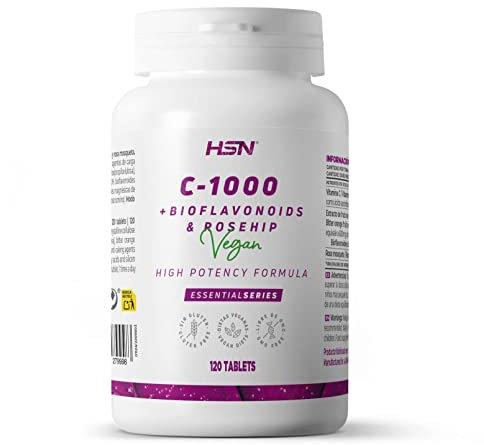 HSN Vitamina C 1000mg | 120 Tabletas | 1g Vitamina C (Ácido ascórbico) + 30mg Bioflavonoides Cítricos (Naranja amarga) + 20mg Rosa Mosqueta (Rosa canina) | No-GMO, Vegano, Sin Gluten