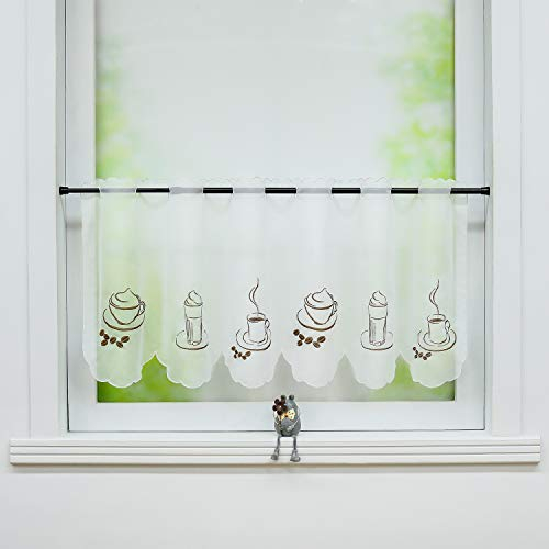 Joyswahl Voile Scheibengardine mit Kaffee-Stickerei transparente Bistrogardine Küche Kurzstore HxB 30x90cm Weiß 1 Stück