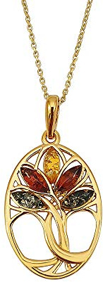 Kiara Jewellery Collier avec pendentif ovale en forme d'arbre de vie entrelacé et ambre mixte plaqué or et argent sterling 925 sur chaîne italienne de 45,7 cm.