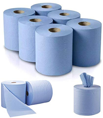 Lot de 6 rouleaux d'essuie-mains en papier recyclé à dévidage central Bleu Haute qualité Usage domestique Professionnel traiteur 2 plis 110 m