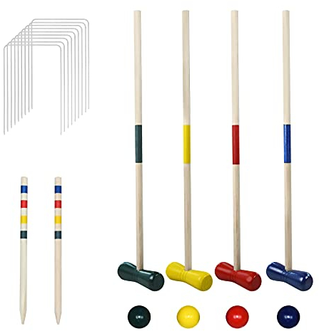 HENGMEI Krocket Set Krocketspiel Crocket Spiel für 4 Spieler mit Heringen, Schlägeln, Wickets und Bällen, Traditionelle Holzspielzeug Gartenspiel für Erwachsene/Kinder/Familie