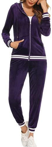 Enjyam dam velour träningsoverall mysig Nicki hemmadräkt 2 delar joggingdräkt sammetslen mjuk ribbad dragkedja jacka och byxor med ficka, violett, XXL