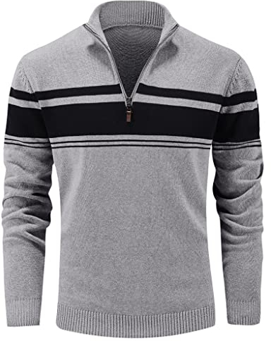 MAGCOMSEN Winterpullover Herren Stehkragen Sweater Herbst Winter Arbeitspullover Basic Gestreift Strickpulli Männer Langarm Freizeitshirt Klassisch Thermoshirt mit Zip Neck Hellgrau-Schwarz XL