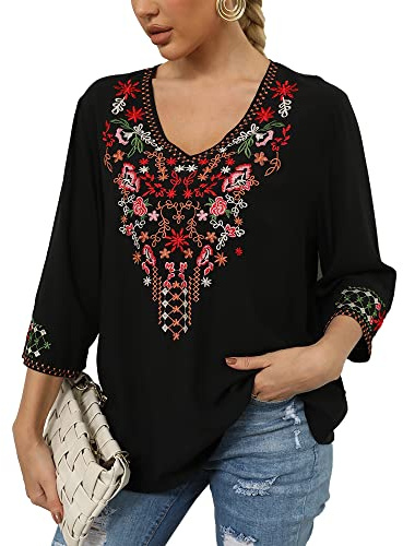Grosy Blusas bordadas bohemias para mujer, ropa hippie, blusas campesinas mexicanas, ropa tradicional bohemia, Negro-1, XXL