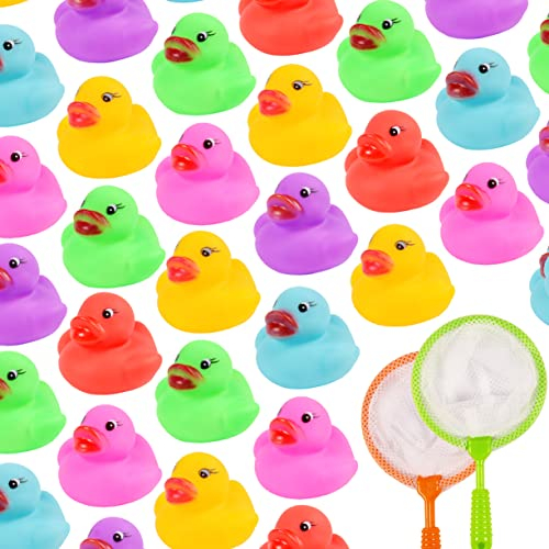 24 Mini Rubber Ducks with 2 Fishing Net Bath Toy,Mini Colorful Rubber Duckies Pool Game for Kids,Float & Squeak Tiny Ducks Water Toys for Kids Baby Shower