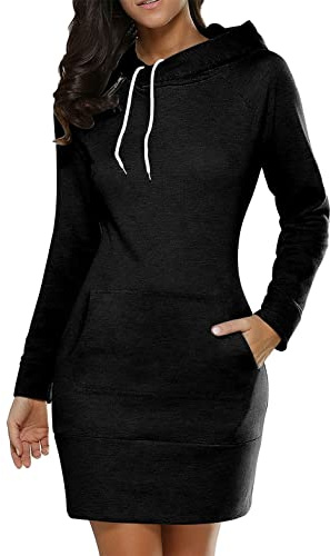 Osheoiso Robe Sweat Femme Automne Hiver Grande Taille Pull à Manches Longues avec Capuche Poches Sweater Pullover Robes de Casual Ample Hoodie Robe Chaude Chemisier A Noir L