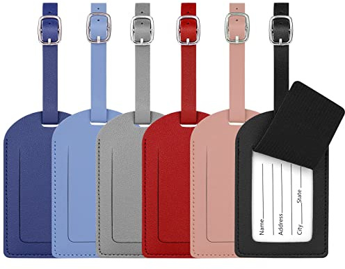 Flintronic 6 Pcs Luggage Tags, Leather Baggage Labels, Suitcase Name ID Card Tag Set, Leather Tags Travel Handbag Accessories for Preventing Loss of Bags
