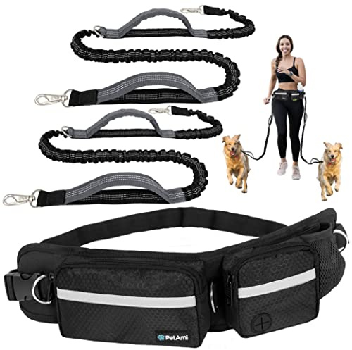 PetAmi Hands Free Dog Leash,Belt Bag for Walking,Jogging,Double Zipper Pocket with Poop Bag Dispenser,Padded Double Handles,Elastic Leash