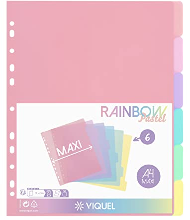 Viquel - 6 Stück Register Rainbow Pastell - Maxi Format (24,5 x 30,5 cm) - für A4 Maxi-Ordner oder Aktenordner - Pastellfarben