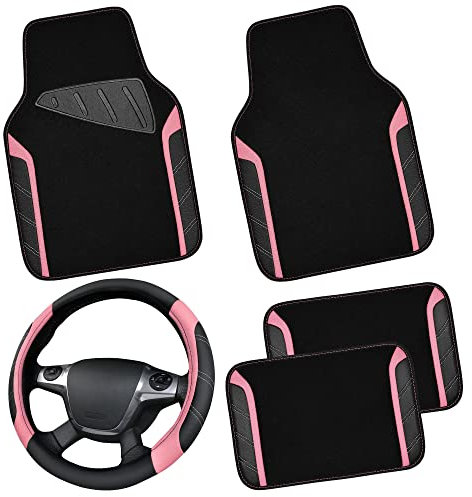 CAR PASS Microfiber Steering Wheel Cover and Waterproof Car Floor Mats,Leather Universal Car Combo Fit for 95% Truck,SUV,Cars,14.5-15inch Sporty Anti-Slip Safety Comfortable Design(Black and Pink)