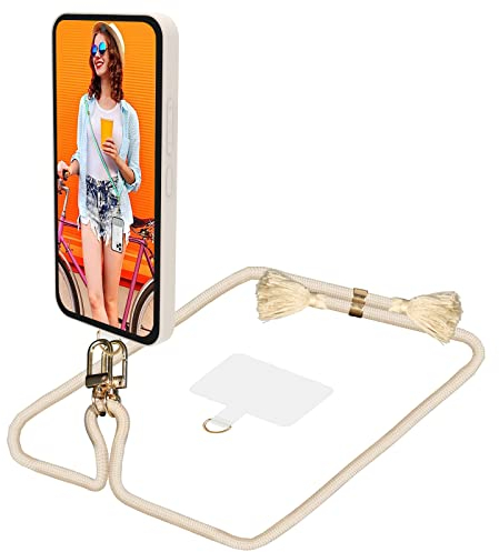 AHABIPERS Cuerda para Movil, Nylon Cuerda Movil, Ajustable Cordon Movil Colgante Universal, Cadena para Fundas de Móvil, Parche de TPU para teléfono con Anillo Metálico - Sin Funda (Beige)