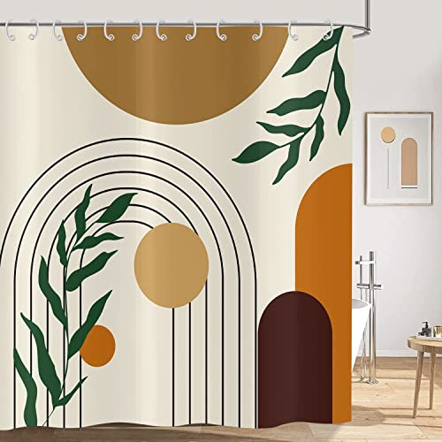 Hnmdmyi Cortina de Baño Boho 180x180, Cortina de Baño Abstracta Siglo Medio Arco Hojas Verdes Sol Beige Moderna Minimalista Estética Geométrica Arte Tejido Poliéster Impermeable Lavable con Ganchos