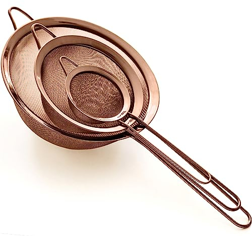 Proto Future Set di 3 Setacci con Manico in Acciaio Inox 304 a Maglia Fine – Alta Qualità Professionale – Colini Scolapasta Multius o da Cucina 3 Dimensioni 8.5/14/20cm – Colore Rame