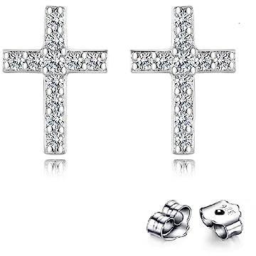 Bellitia Jewelry Pendientes para Mujeres en Plata de Ley 925 con Diamante CZ Pave, Pendiente de Botón de Cruz