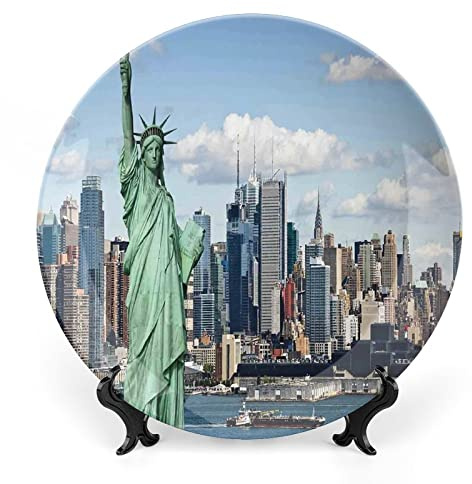 XISUNYA 8 Inch Decorative Plate, New York Ceramic Craft, Statue of Liberty in NYC Print Ceramic Wall Hanging Decor Accessory for Dining Table Tabletop Home Decor, Mint Blue