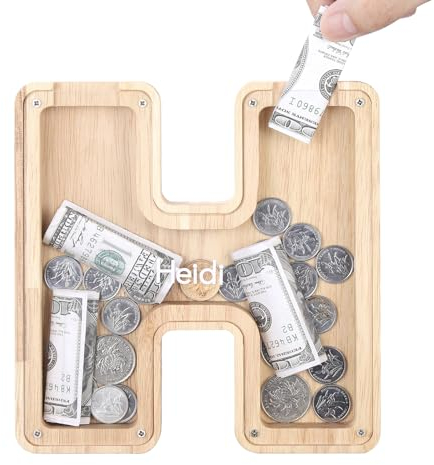 TsunNee Wooden Letter Money Bank Piggy Bank, Letter Coin Bank Money Box with Clear Alphabet Stickers, Money Saving Bank for Children Christmas Birthday Gift Home DIY Decor