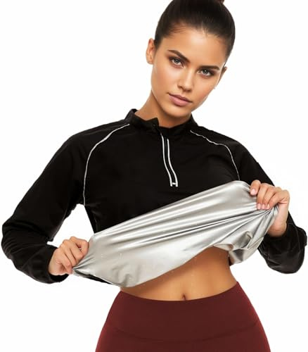 LAZAWG Sauna Suit for Women Zipper Fitness Slimming Long Sleeve Workout womens Body Shaper Jacket Running Exercise Gym