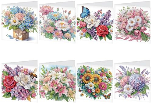 DCIDBEI Set di Biglietti di Compleanno Pittura con Diamanti Fai Da Te (8 pezzi) Diamond Painting Carta Auguri Anniversarioi per Congratulazioni Biglietti Pieghevoli Nature Card Amici di Famiglia Fiori