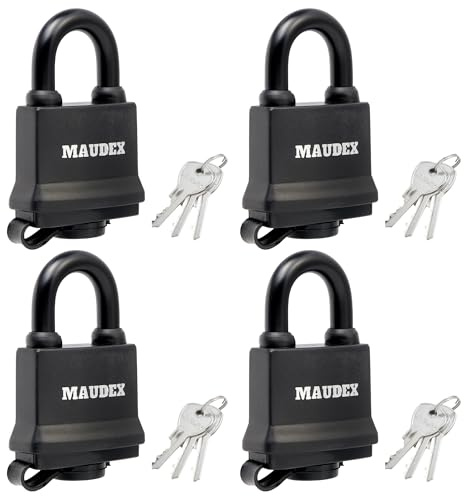 Maudex® IP450 Lot de 4 Cadenas avec 12 Clés - Anse Acier Trempé A3, Protection PVC et Double Joint | Antivol de Sécurité pour Portail, Garage, Remorque Attelée