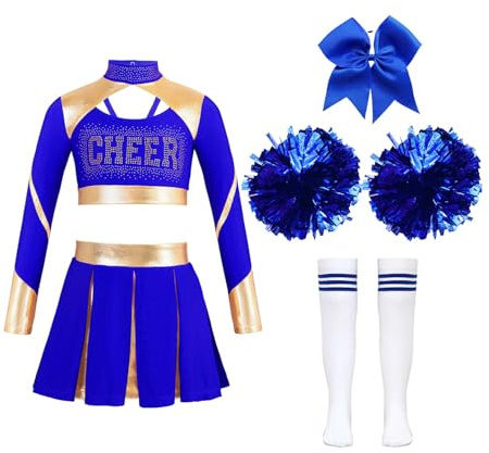 ranrann Enfant Fille Uniforme de Pompom Girl Déguisement Costume Carnaval Ensemble Tenue Strass Métallique Halloween Fête Spectacle Bleu 9-10 ans