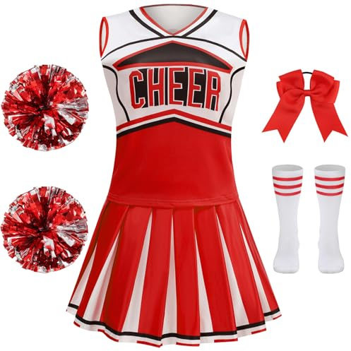GRAJTCIN Cheerleader Outfit for Girls Cheer Uniform Cheerleading Costume Halloween Christmas Dress for 6-7 Years (130, Red)
