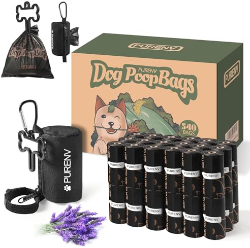 PURENV 540 sacchetti biodegradabili per cacca per cani, con dispenser per sacchetti per cacca e porta sacchetti per cacca a mani libere, sacchetto per rifiuti per cani a base vegetale ecologico