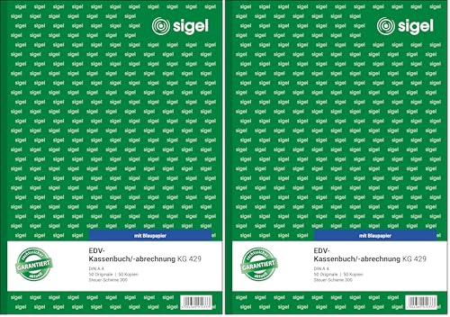 Sigel KG429 Kassenbuch EDV, Steuerschiene 300, A4, 2x50 Blatt, mit Blaupapier, ultrafeiner Mikroperforation (Packung mit 2)