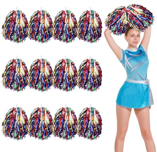 12pcs Cheerleading Pom Poms with Handle Cheerleader Pompoms Metallic Foil Pom Poms Cheerleader Outfit Accessories for Sports Team Spirit Cheering Party Dance Night Party (Multicolor)