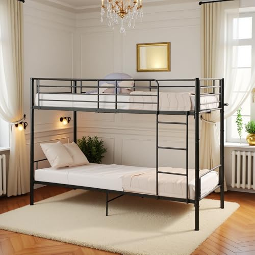DORAFAIR Letto a Castello 90 x 200 cm in Metallo, con Rete a Doghe, con Scaletta e Protezione da Caduta, Letto a Castello Singolo, Nero