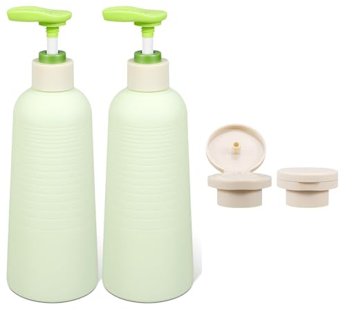Lot de 2 bouteilles à pompe vides en plastique - Kit de voyage anti-fuite avec couvercle à rabat interchangeable - Pour shampoing, gel douche et savon pour les mains (vert, 400 ml)