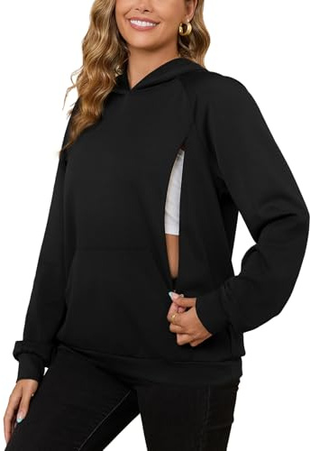 Bhome Nursing Sweatshirt Hoodie for Breastfeeding with Hidden Zippers Maternity Breast Pumping Tops Kangaroo Pocket,Black XL