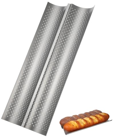 FUNNETOYU Wave Bread Stick Baking Mould Tray, Silver Small Size 2-Slot Baguette Baking Pan for Kitchen Oven Use