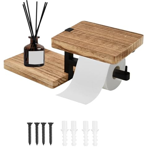 Support Papier Toilette avec Plateau, Porte Papier Toilette Mural en Bois de Bambou, Porte Pq Etagere Salle de Bain Rangement, Derouleur Papiers Murale en Bois
