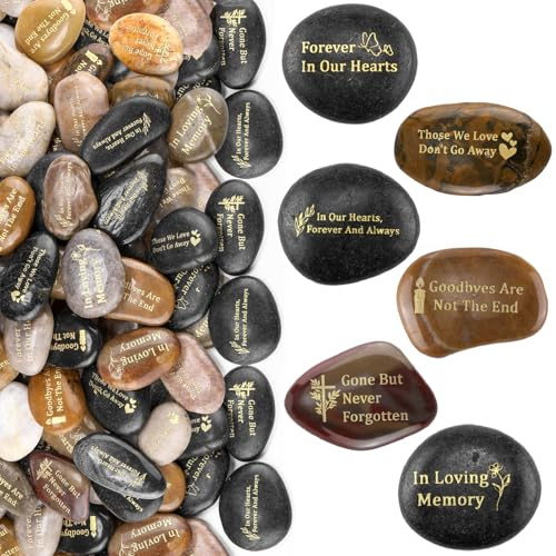 Yuntau 48 Pcs Memorial Stone 1.97 Inch Celebration of Life Favor Inspirational River Rock Engraved in Loving Memory Funeral Favor Decoration for Memorial Day Gift (Deep Color,Classic Style)