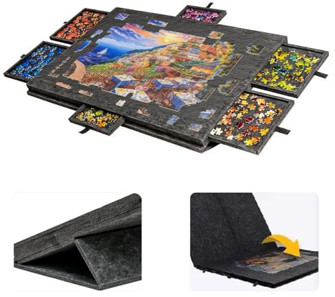 Tapis Puzzle Feutre 1000 pièces, Portable Plateau à Puzzle Portable avec 6 Tiroirs et Couvercle, Accessoires de Puzzle pour Adultes et Enfants, Noir