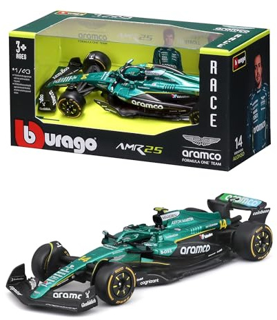 Bburago - F1 Aston Martin AMR25 Formula 1 2025#14 Alonso, Diecast-modellbil i skala 1:43, officiell Aston Martin-replika, realistiska detaljer, rekommenderad ålder 3+ år