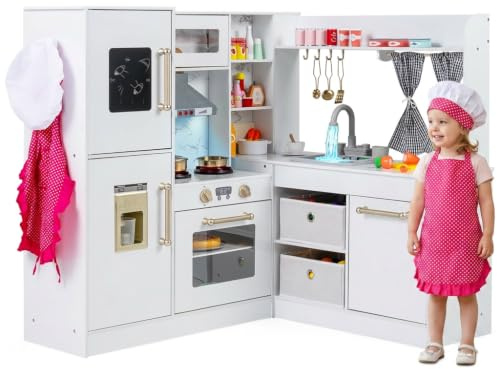 GYMAX Kids Corner Kitchen, Wooden Play Kitchen with Stoves, Microwave, Oven, Telephone, Range Hood, Ice Maker, Chalkboard, Water Circulation System & Lights, Toy Kitchen for 3 + Years Old (White)