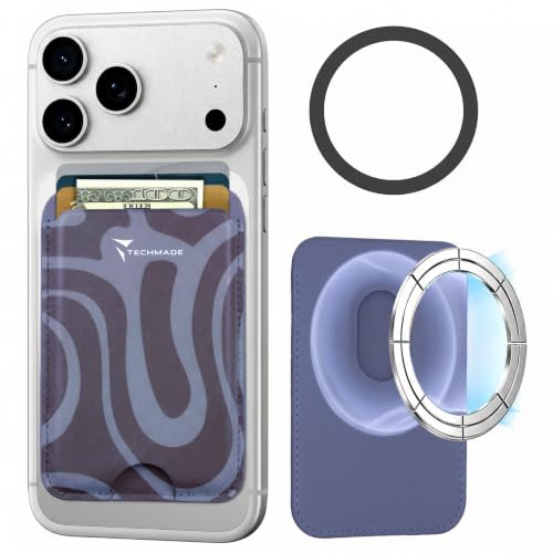 Techmade iPhone-kompatibelt kortfodral, inbyggt adapterring, utrymme för 3 kort eller kontanter, snabb uttagssystem, RFID-blockering, i veganskt läder, Avslappnad