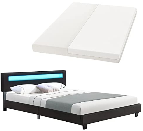 Juskys Polsterbett Paris 180x200 cm mit LED Beleuchtung, Matratze, Lattenrost & Kopfteil - Kunstleder & Holz - schwarz - Bett Doppelbett Bettgestell