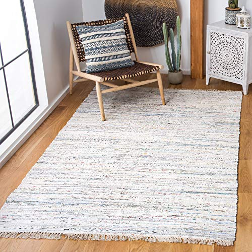 SAFAVIEH Rag Rug Collection Area Rug - 5' Square, Ivory & Multi, Handmade Boho Stripe Cotton, Ideal for High Traffic Areas in Living Room, Bedroom (RAR121G)