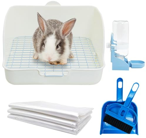 kathson Rabbit Litter Box with Grid-Small Animal Litter Pan for Cage with Automatic Water Bottle Broom- Corner Bunny Potty Training Toilet for Ferret Guinea Pig Hamster Hedgehog (White)